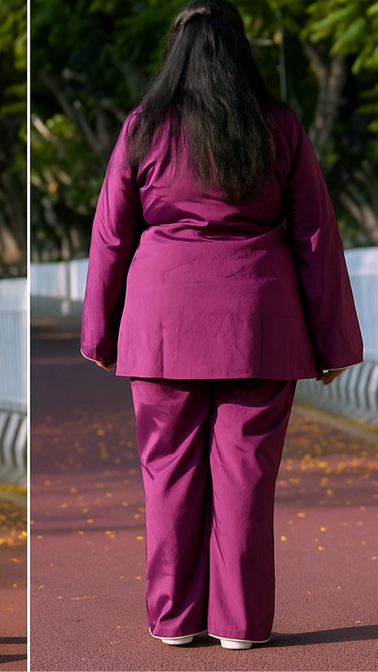 Woman wearing a purple outfit walking outdoors with trees in the background
